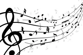 Music notes on a stave or staff consisting of five lines curving into the distance with diminishing perspective and a clef in the foreground with scattered notes  black and white illustration