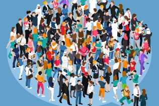 Crowd of different people standing in form of speech bubble isometric concept on blue background vector illustration