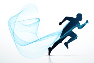 man running with blue flowing wave